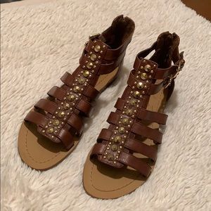 MARC FISHER Gold Stud Brown Leather Sandals